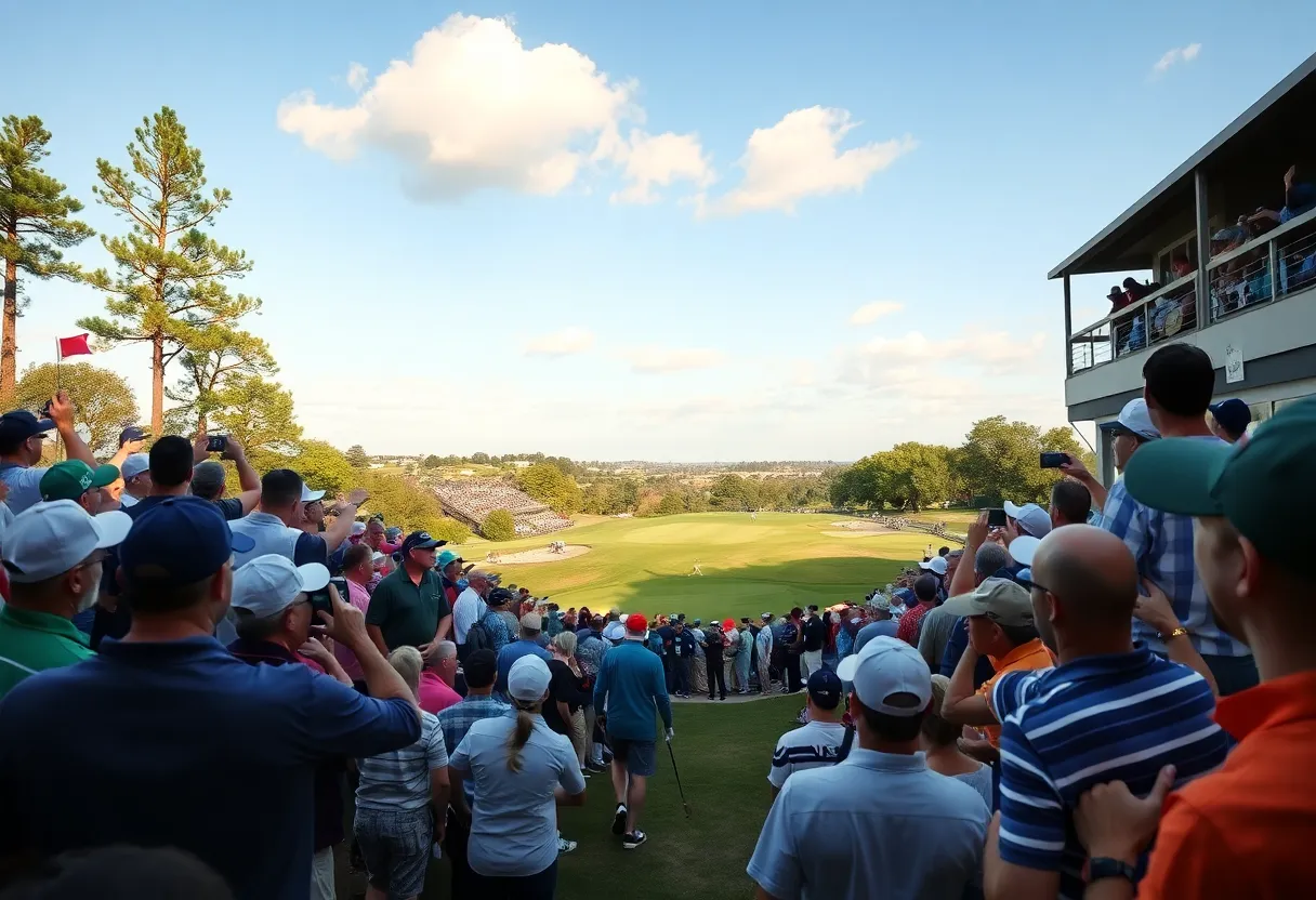 Exciting atmosphere at a PGA Tour golf tournament with fans and players