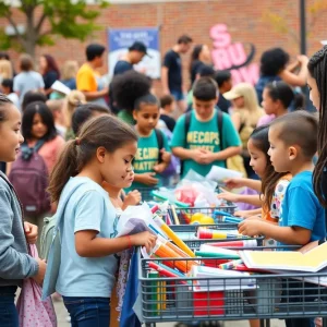 Families enjoying a back-to-school event with games and giveaways.