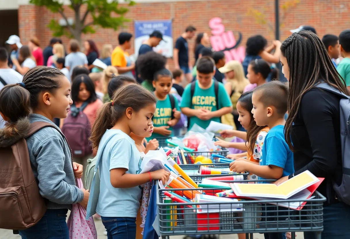 Families enjoying a back-to-school event with games and giveaways.