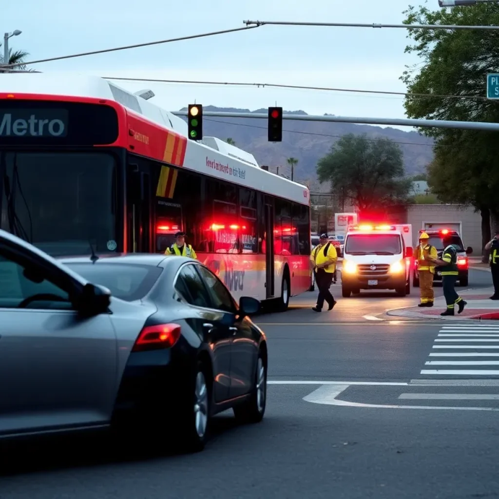 Intersection in Phoenix with emergency responders at a bus accident scene