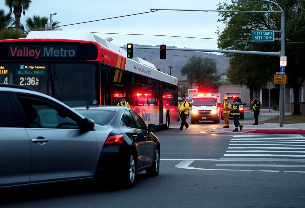 Intersection in Phoenix with emergency responders at a bus accident scene