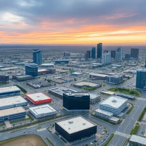 Aerial view of Phoenix's commercial real estate including industrial parks and office buildings.