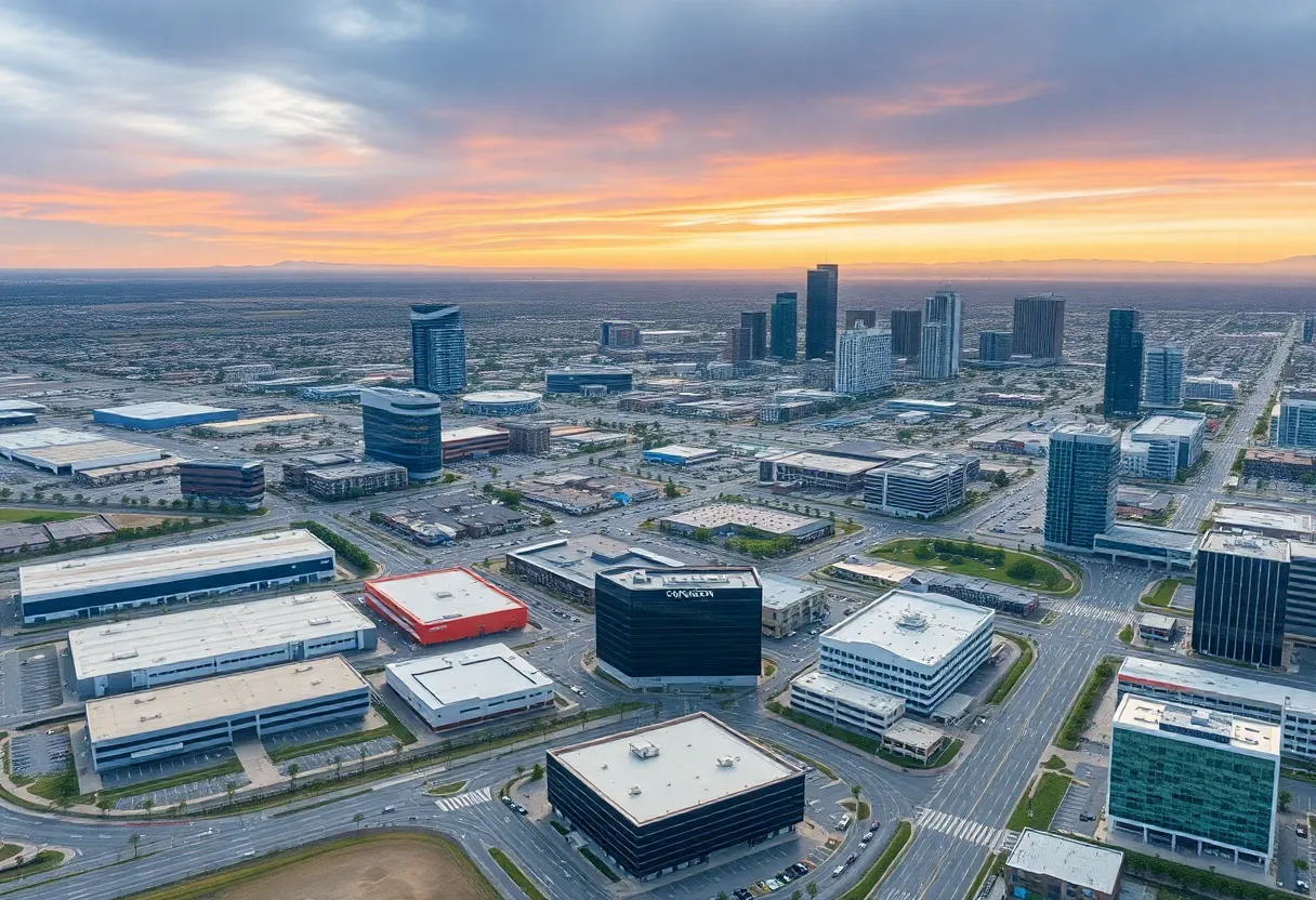 Aerial view of Phoenix's commercial real estate including industrial parks and office buildings.
