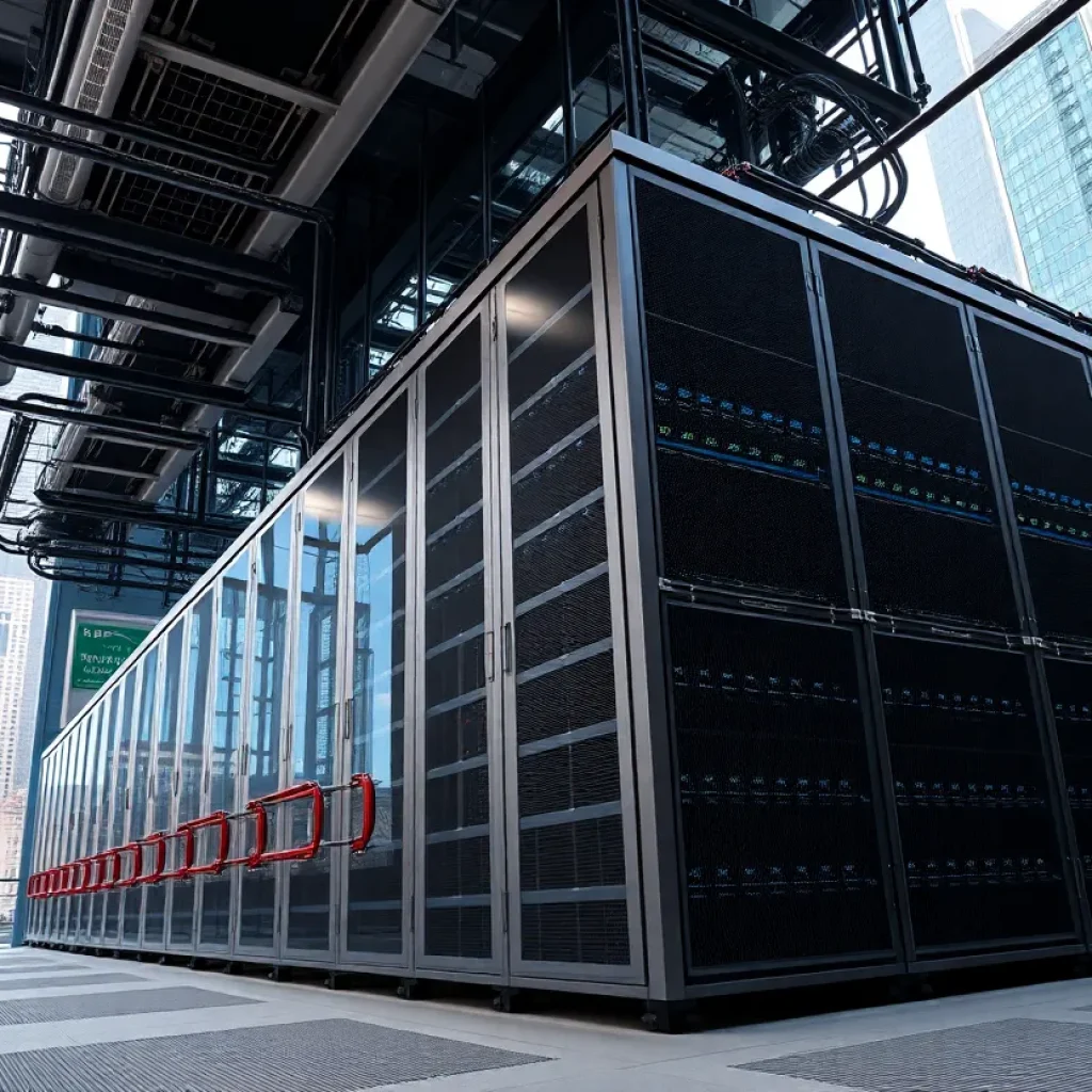 A high-tech data center in an urban environment with servers and cooling units.
