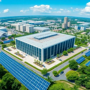 A modern data center in Phoenix with green technology and solar panels.