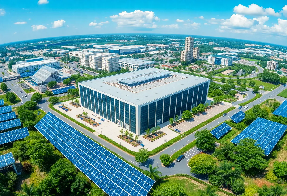 A modern data center in Phoenix with green technology and solar panels.