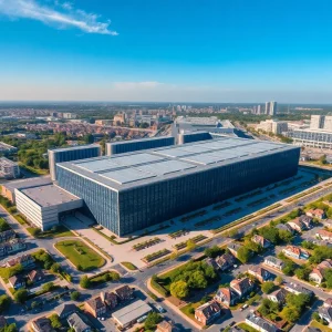Aerial view of a data center in Phoenix with residential neighborhoods nearby.