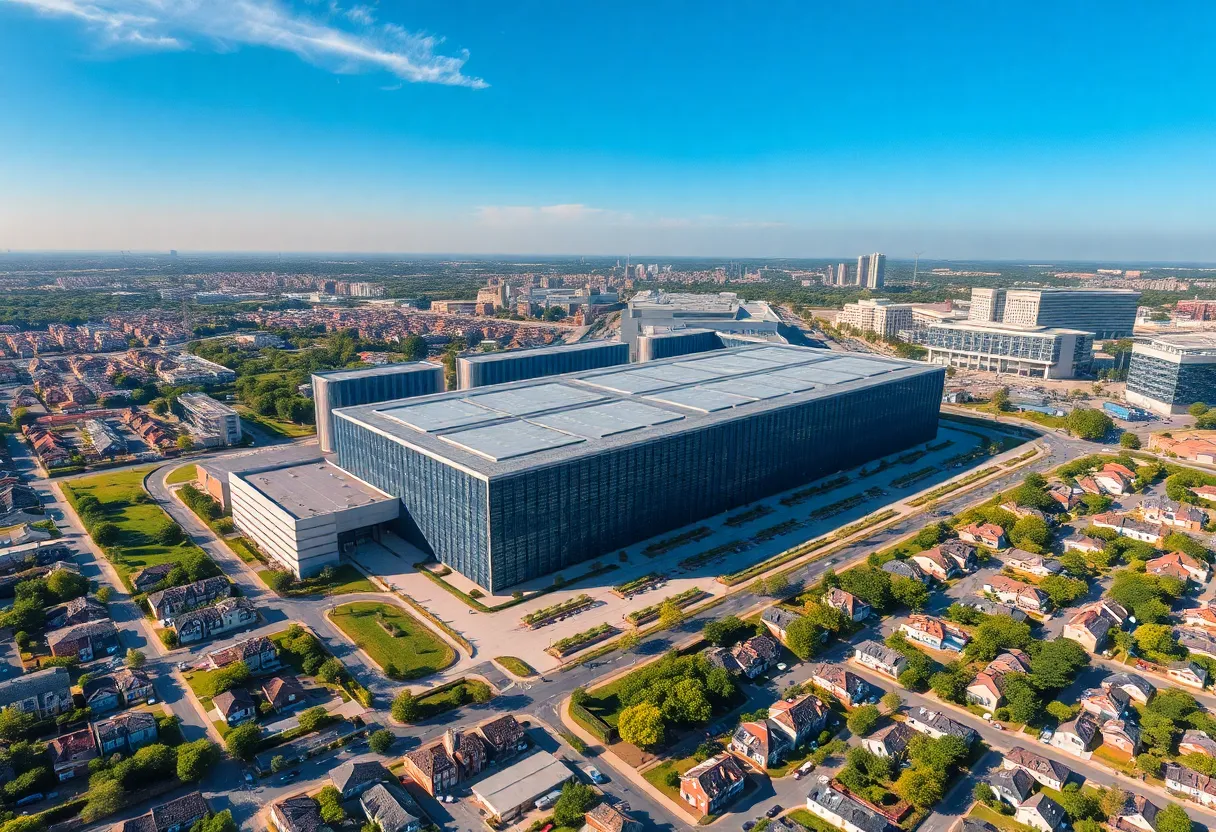 Aerial view of a data center in Phoenix with residential neighborhoods nearby.