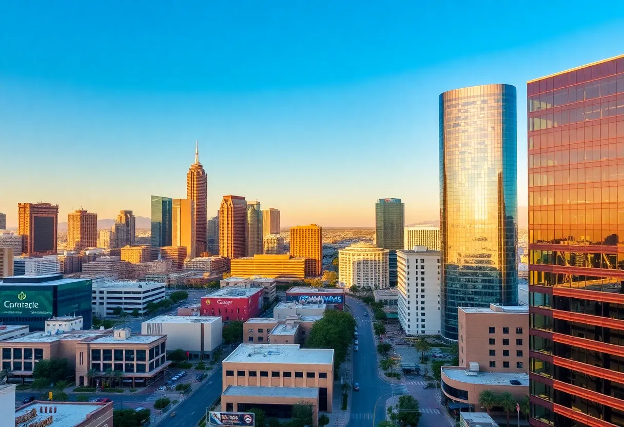 Cityscape of Phoenix Arizona featuring business and economic development
