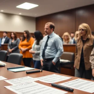 A courtroom in Phoenix, Arizona, filled with eviction notices and discussions between tenants and landlords.