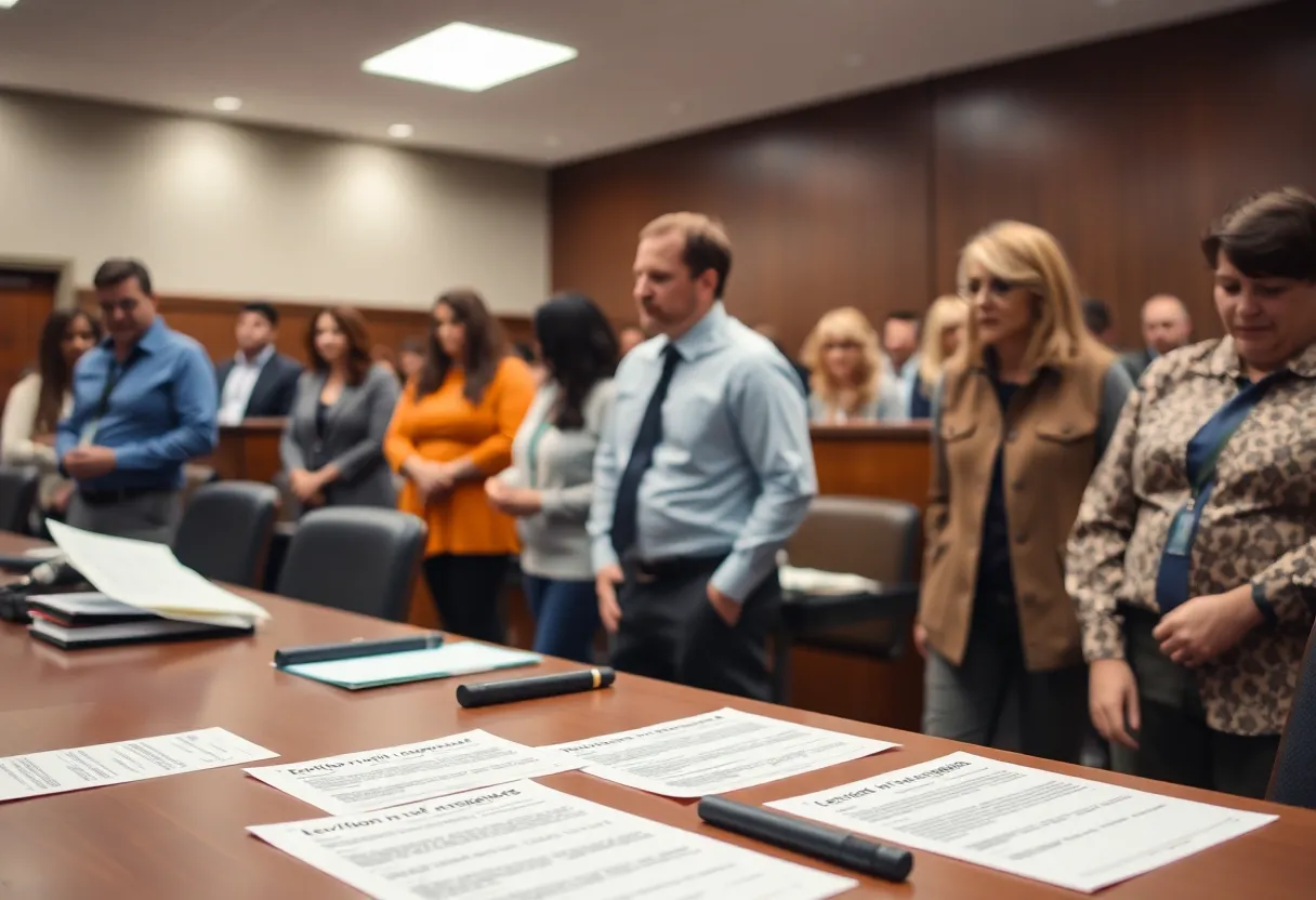 A courtroom in Phoenix, Arizona, filled with eviction notices and discussions between tenants and landlords.