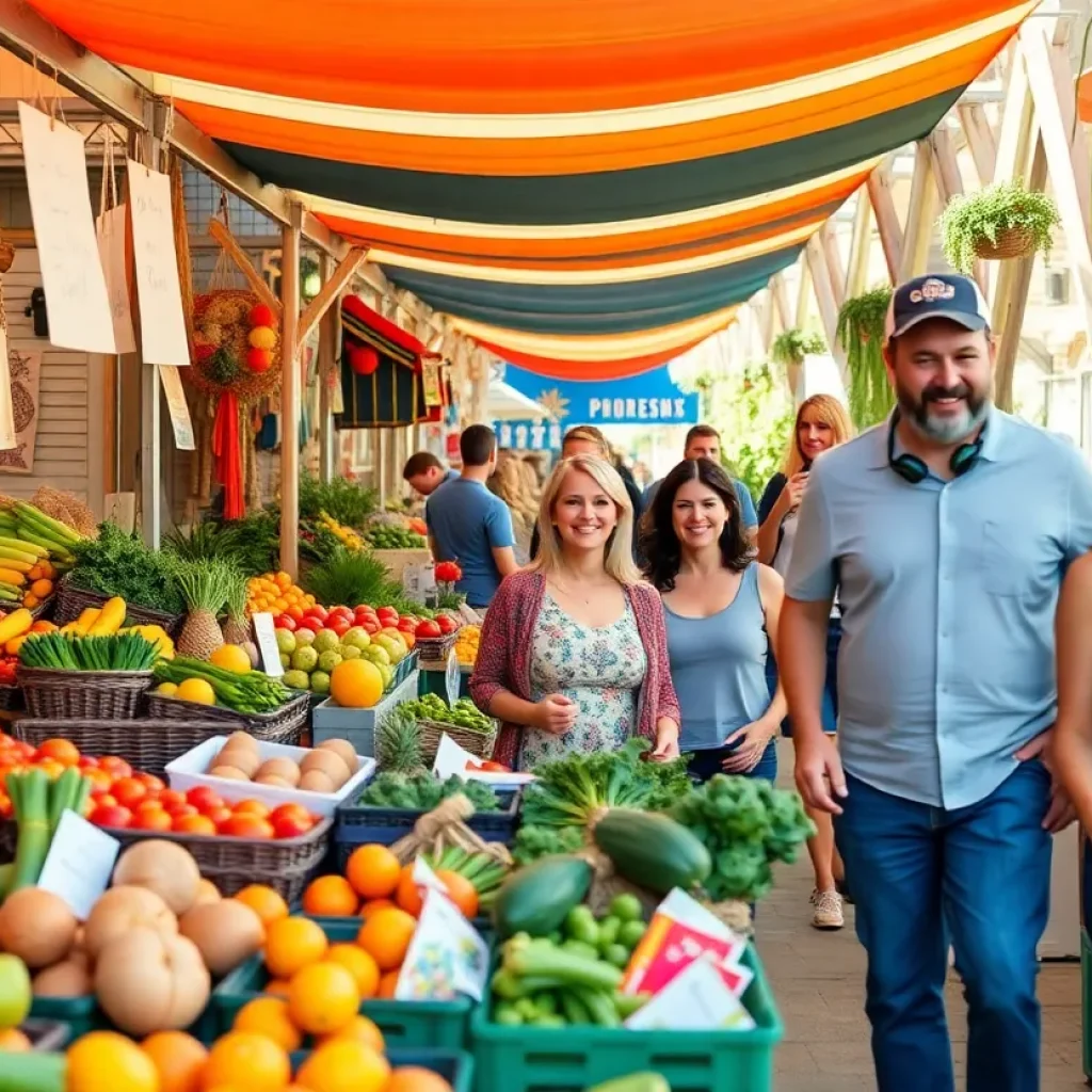 A bustling farmers market in Phoenix filled with fresh fruits, vegetables, and local crafts