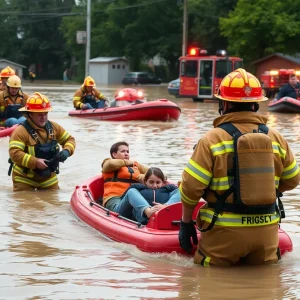 Phoenix firefighters conducting a rescue operation in flooded Texas streets