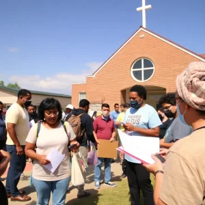 Community members receiving heat relief services outside a church in Phoenix