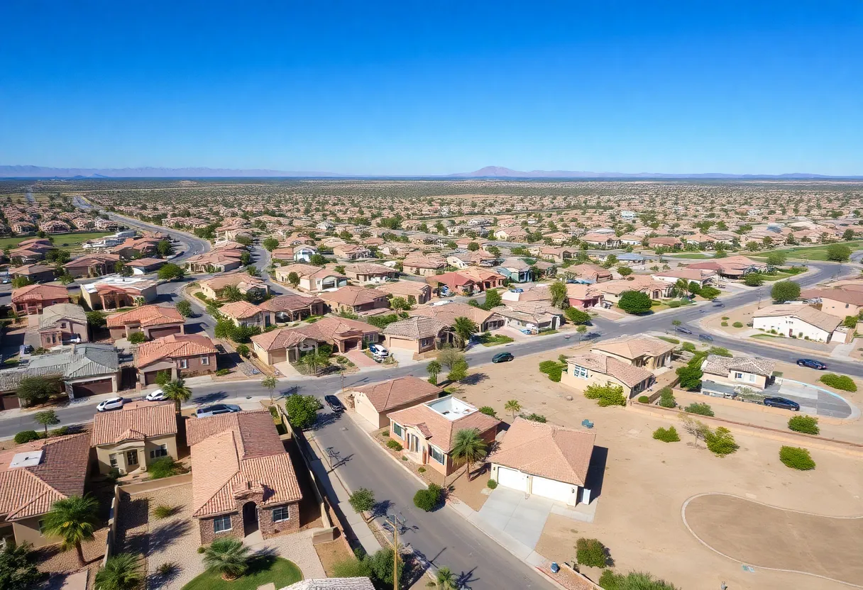 Aerial view of homes in a suburban neighborhood in Phoenix, Arizona.
