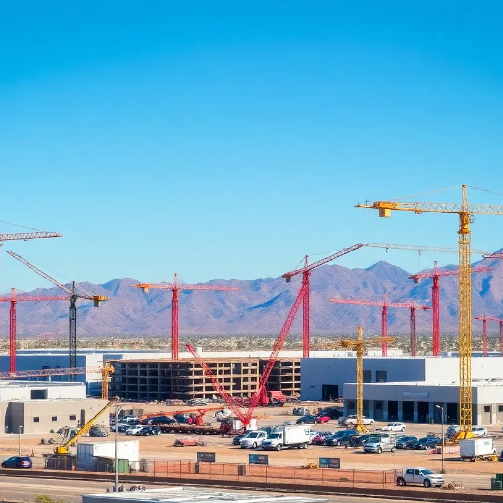 Construction site of industrial facilities in Phoenix with cranes and new warehouses.