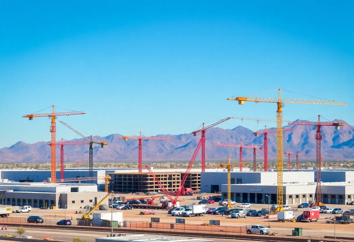 Construction site of industrial facilities in Phoenix with cranes and new warehouses.