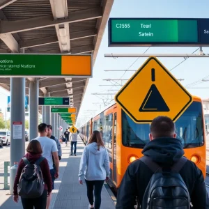 Image of a Phoenix light rail platform with safety signs and pedestrians