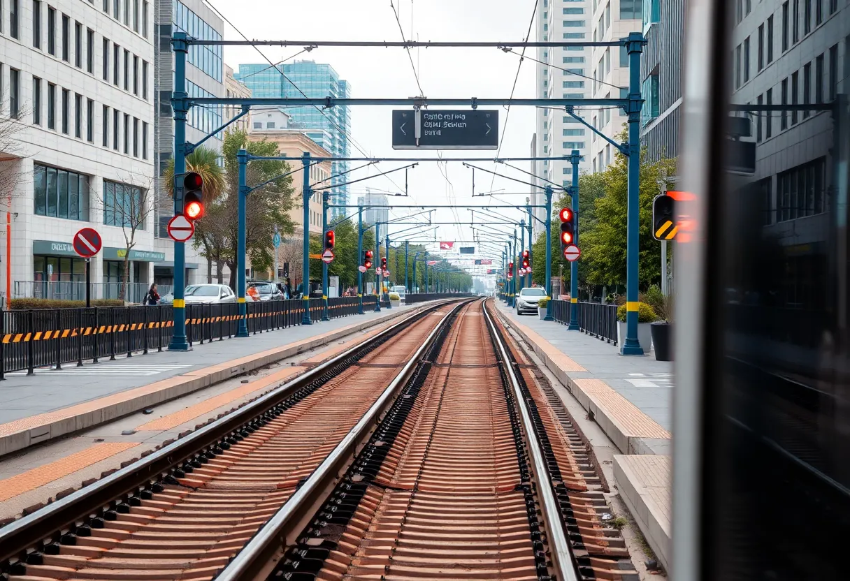 Light rail tracks in Phoenix with safety signage