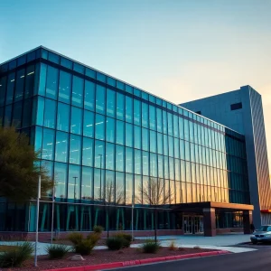 Phoenix Police Department main building with police vehicles and officers outside.