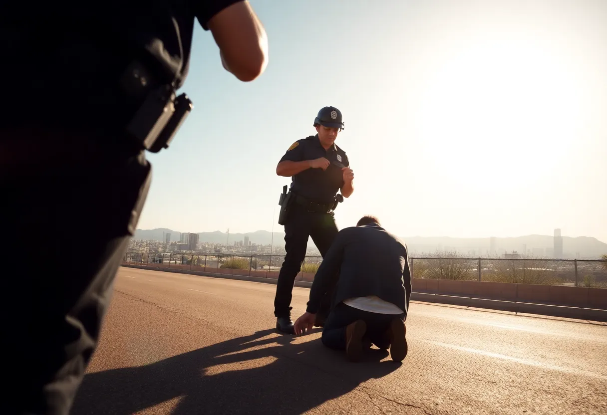 Police officers interacting with a person on hot pavement