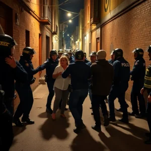 Police officers engaged in an arrest in a dimly lit alley.