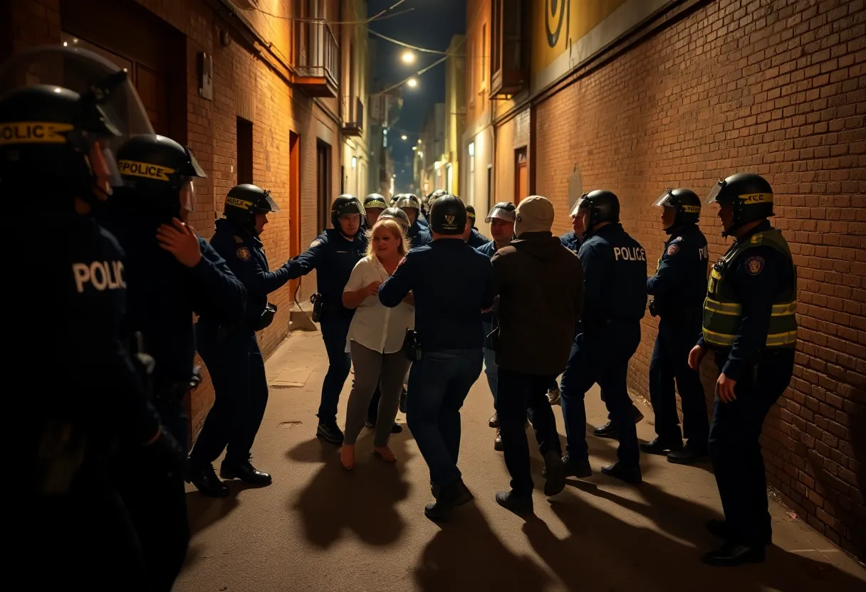 Police officers engaged in an arrest in a dimly lit alley.