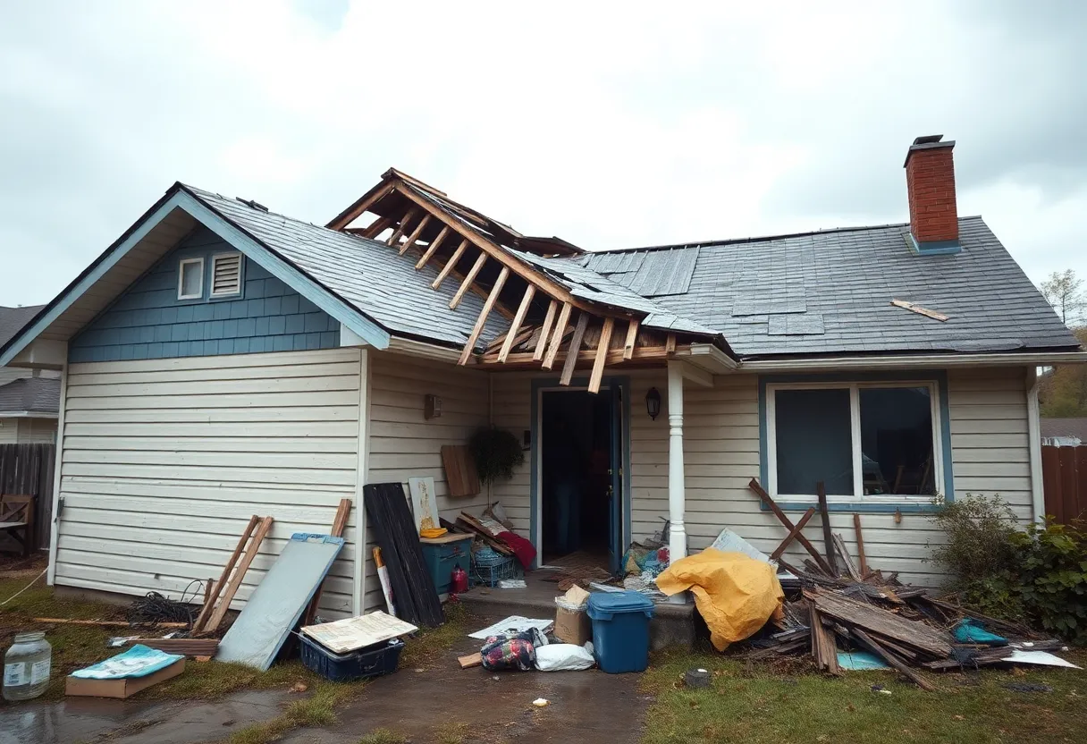 A house in Phoenix with a collapsed roof and damaged furniture due to a severe storm