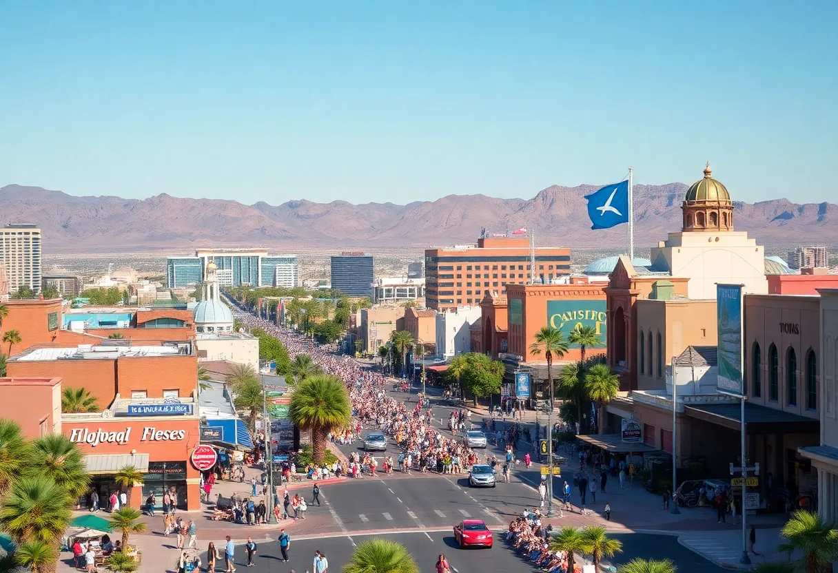 A bustling scene of tourists enjoying Phoenix attractions.