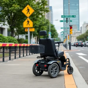 A motorized wheelchair positioned near a city street in Phoenix, highlighting road safety measures.