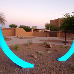 Glowing blue arches representing water themes in a public art installation