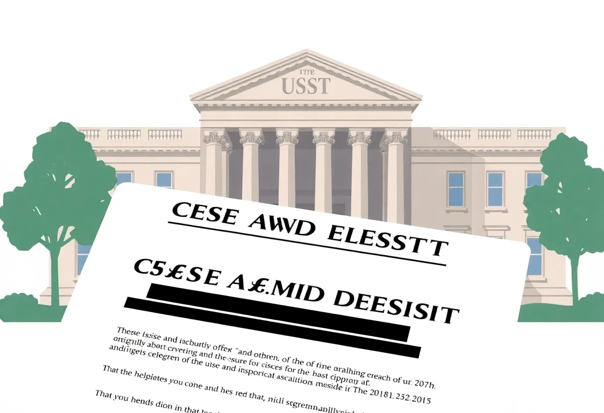 Government building with a cease and desist order sign