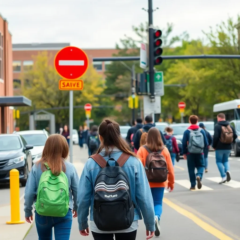Students walking near a school on a busy street, highlighting safety concerns.