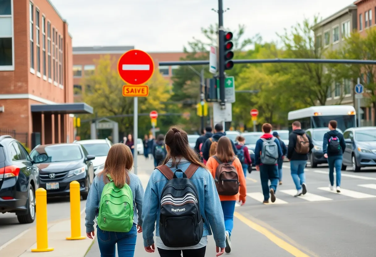 Students walking near a school on a busy street, highlighting safety concerns.
