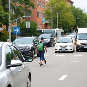 A busy street near a school emphasizing pedestrian safety measures.