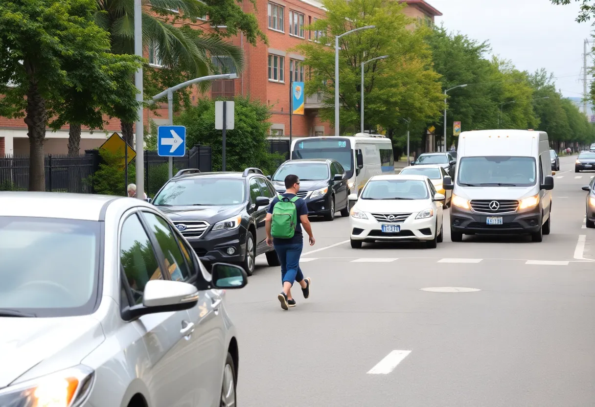 A busy street near a school emphasizing pedestrian safety measures.