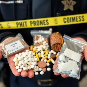 Display of illegal drugs confiscated in a drug trafficking investigation, including methamphetamine and fentanyl.