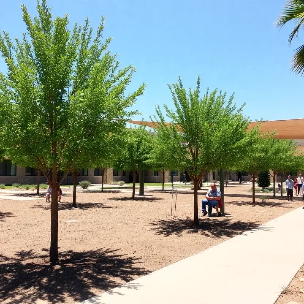 Community park in Phoenix with trees and shade structures
