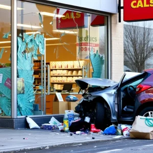Damaged storefront of Restock Ave after a theft incident