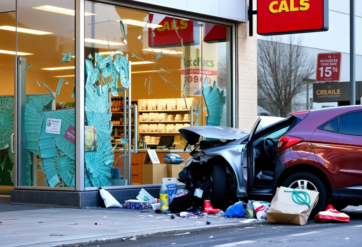 Damaged storefront of Restock Ave after a theft incident