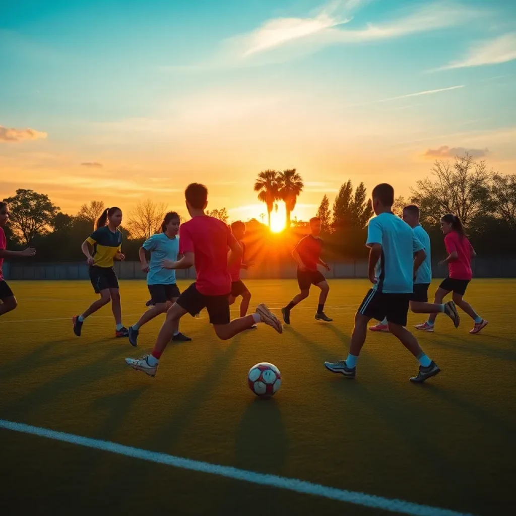 Young athletes training on a soccer field during sunset