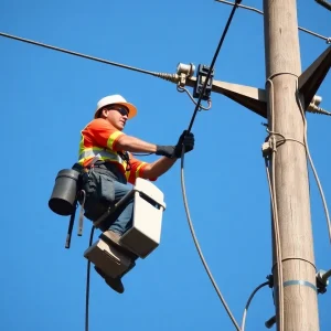SRP lineman inspecting an electrical tower with safety gear
