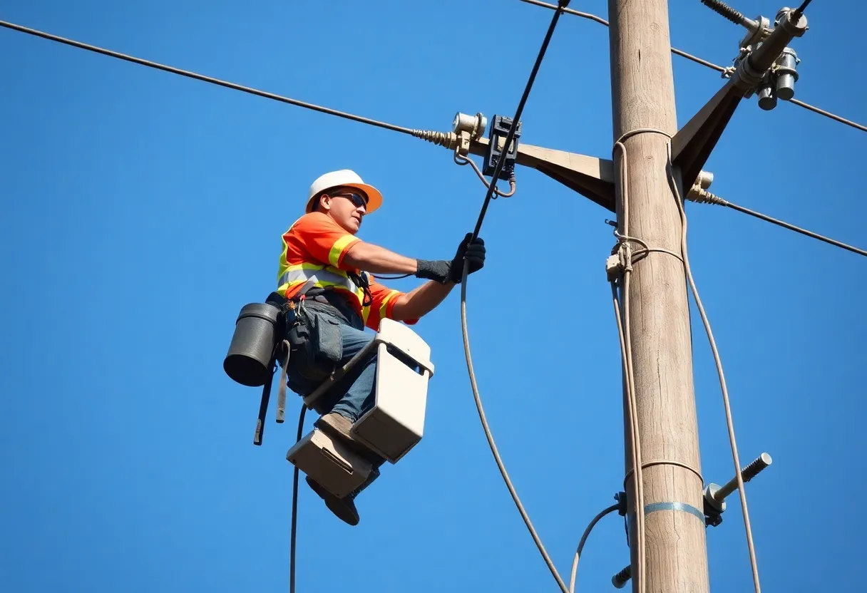 SRP lineman inspecting an electrical tower with safety gear