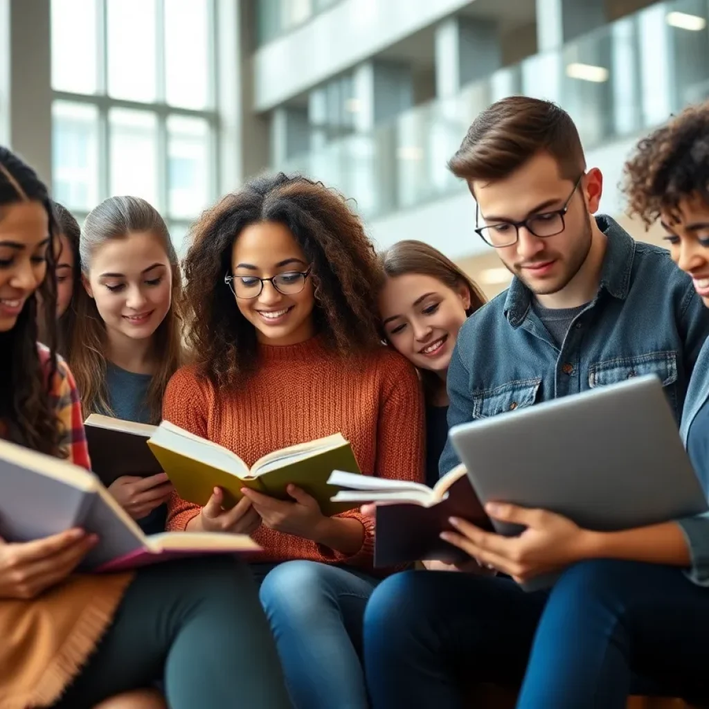 Diverse college students studying together