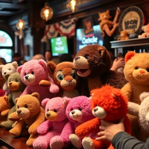 Participants showcasing their stuffed animals at Gracie's Tax Bar