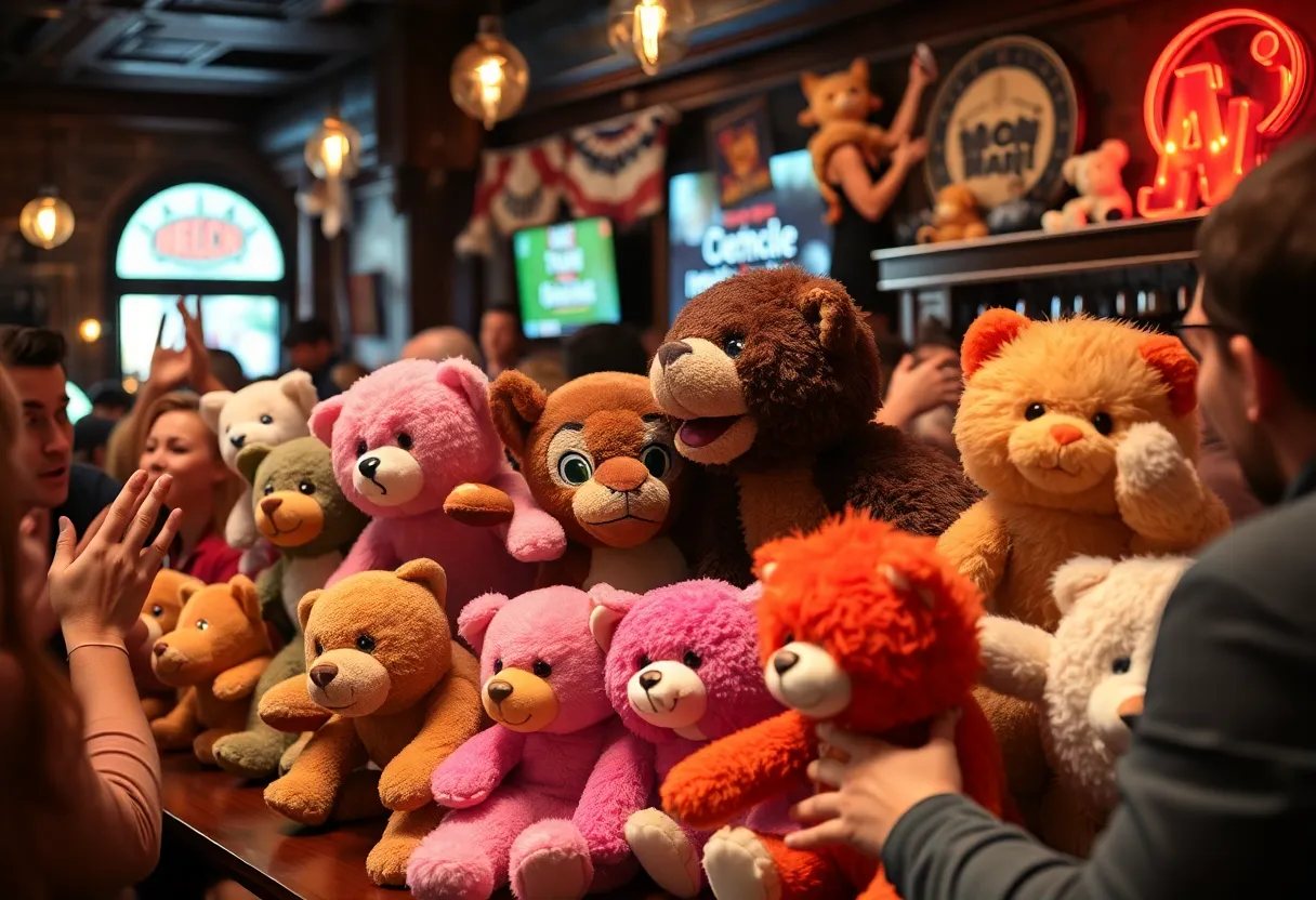 Participants showcasing their stuffed animals at Gracie's Tax Bar