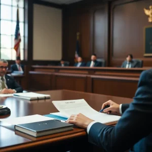 Courtroom with legal documents symbolizing tax fraud case