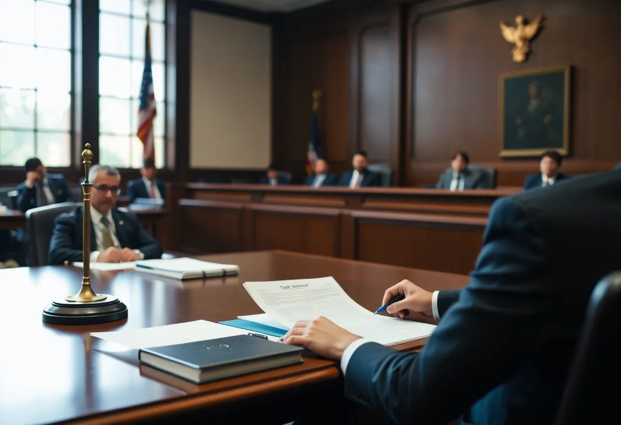 Courtroom with legal documents symbolizing tax fraud case