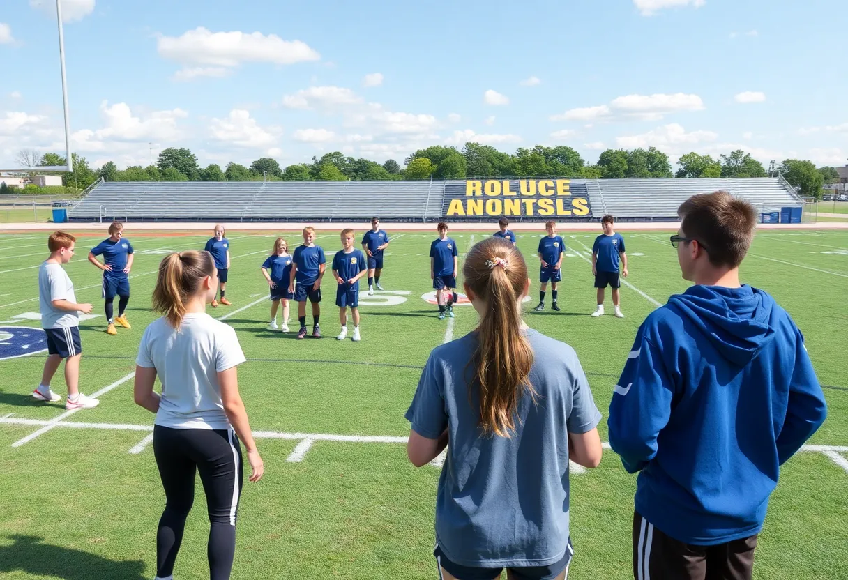 High school student athletes practicing together on a field.