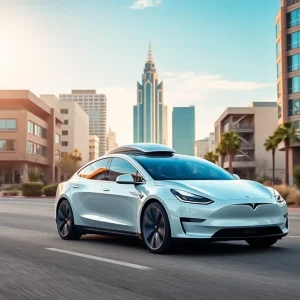 Futuristic Tesla vehicle in an urban setting in Arizona